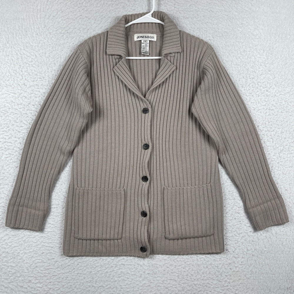 Jones & Co Cardigan Womens Medium Taupe 100% Merino Ribbed Button Front Pocket